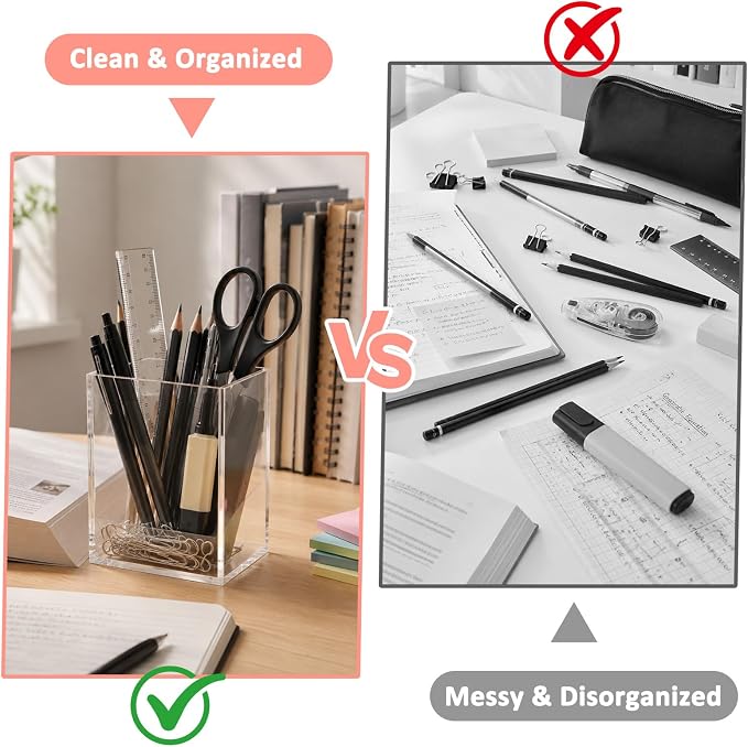 Mototo 3 Clear Acrylic Pen Holder Square Pencil Cup Office Desk Organizer | Toothbrush Utensil Holder Marker Makeup Brush Organizer Pencil Box Coffee Stirrers Storage Container for Classroom Counter