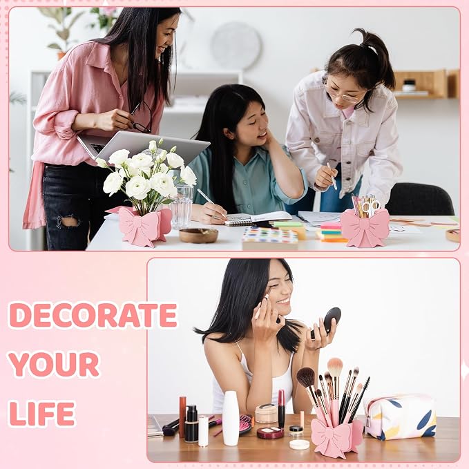 2 Pack Pink Pen Holder for Desk Cute Pink Bow Makeup Brush Holder Coquette Pinks Bow Desk Organizer-Assemble Acrylic Pen Holders Pinks Bow Accessories for School Office Home Desk Supplies