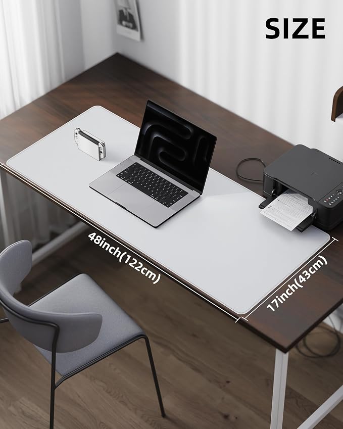 Leather Desk Pad Protector- 48" x 17" Office Desk Mat, Non-Slip PU Leather Mouse Pad, Waterproof Desk Blotter Mat, Desk Cover for Office and Home (Ivory White)