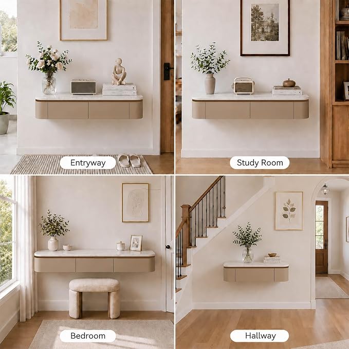 Floating Makeup Vanity Desk With Drawers Wall Mounted Makeup Table With Storage Fully Assembled Floating Vanity Desk Space Saving Modern Dressing Table For Bedroom Closet(Khaki Marble,55.1")