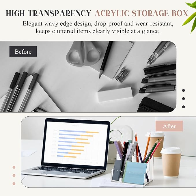 Scalloped Acrylic Pencil Holder for Desk, Clear Pen Organizer with 3 Compartments, Marker Makeup Brush Holder Remote Caddy for Home, Office, Bathroom, Classroom, Table