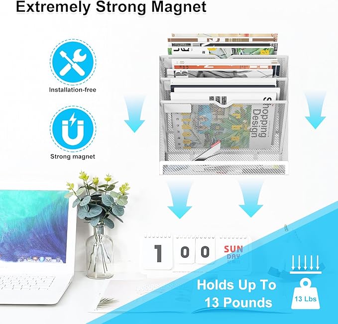4 Tier Magnetic File Holder, Large Capacity Mesh Hanging Wall Organizer Vertical Magnetic Hanging File Organizer, Magnetic File Folder Holder for File Cabinets, Office, Whiteboard (White)