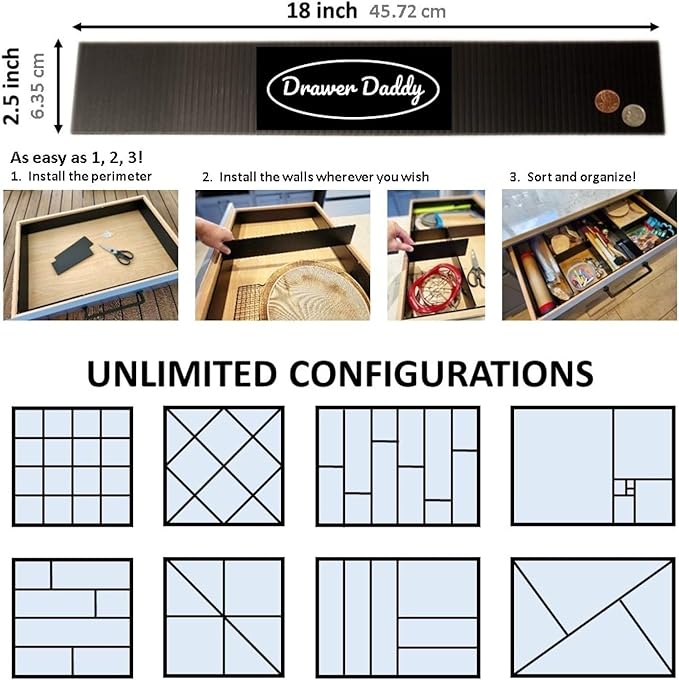 DRAWER DADDY Adjustable drawer dividers. The world’s most customizable drawer organizer for the kitchen, bathroom, desk, and more. Installs in minutes; lasts a lifetime.