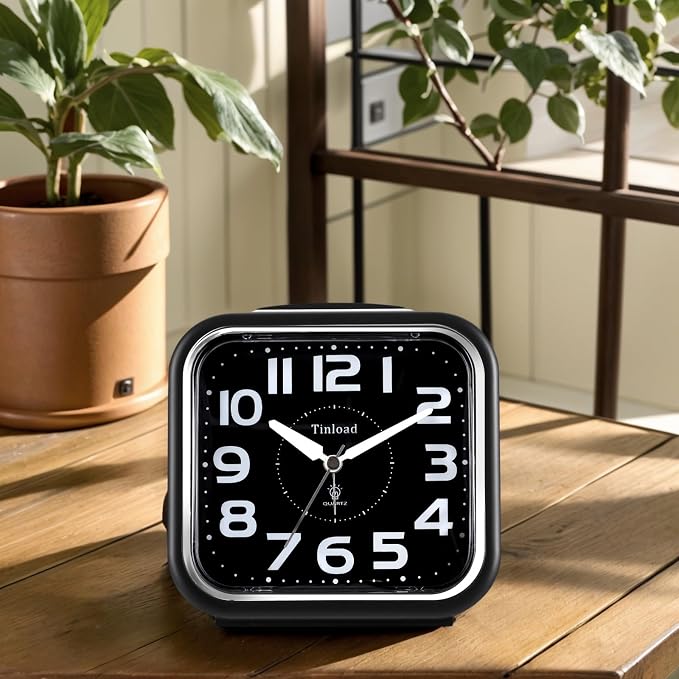 Tinload 5.5" Large Analog Alarm Clock Silent Non Ticking, Gentle Wake, Beep Sounds, Increasing Volume, Battery Operated Snooze and Manual Light, Easy Set, Black (Best for Elder)