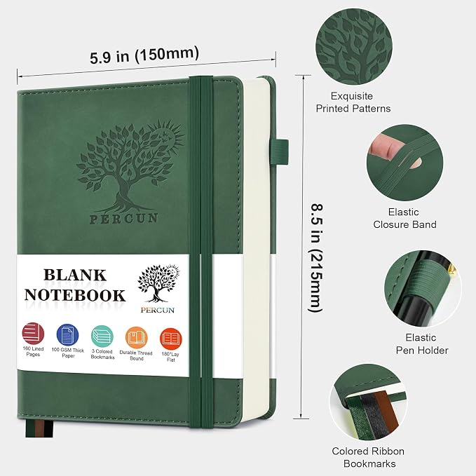 PERCUN Blank Journal Ntebook for Men & Women, 160 Pages Leather Journals for Writing, Drawing Sketch Book,5.9" x 8.5" Hardcover Sketchbook, Unlined Notebooks for Work, School, Art (Green)