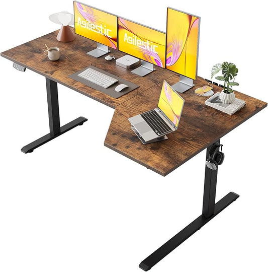 Agilestic Electric Standing Desk, Height Adjustable Desk, 63 x 35 Inch Sit Stand up for Work Office Home, L Shaped Ergonomic Rising Computer Table with Memory Preset, Rustic Brown