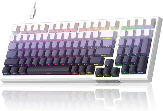 MageGee SKY98 Mechanical Gaming Keyboard, 96% Hot Swappable Wired Custom Creamy Keyboards w/ 5-Layer Sound Dampening, RGB Backlit, Side Printed Keycaps for Win/Mac (White & Purple, Purple Bird Switch)