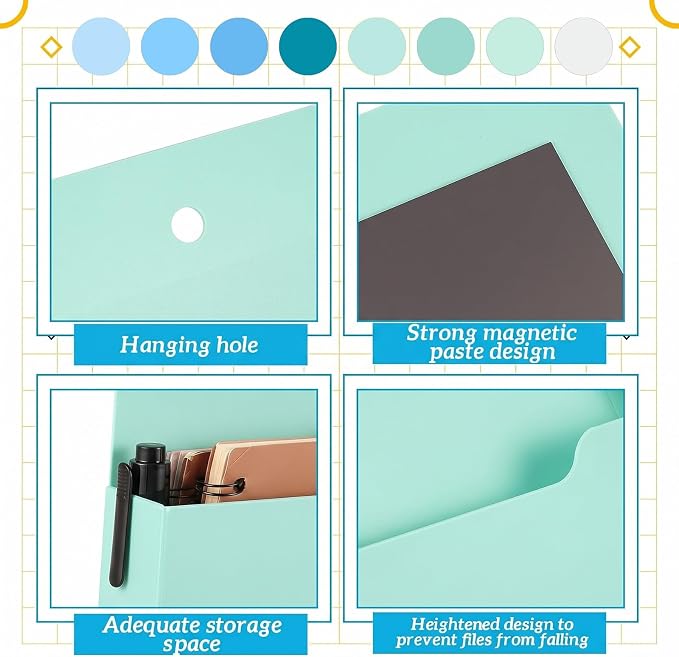 Gilprop 8 Pack Magnetic File Holder, 10"x13"x1.2" Magnetic Wall File Folders for Whiteboard, Hanging Classroom Organizer Storage, Refrigerator Magazine Holder for Mail Letters Paper Desk Office