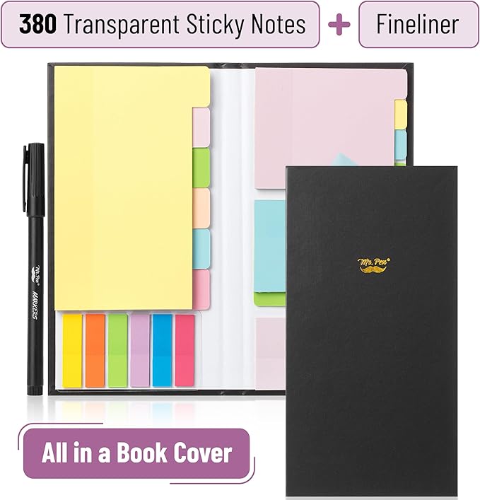 Mr. Pen- Transparent Sticky Notes Set, 380 Pack | Transparent Sticky Notes Tabs with Black Fineliner Pen for Bible Study, Office, School, Planning, Journaling & Organization