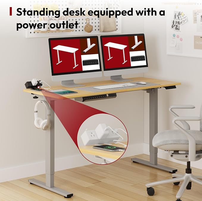 SANODESK Electric Standing Desk with Desk Clamp Power Strip 55"x 28" Whole-Piece Desktop Height Adjustable Stand Up with Cable Management Sit Stand Home Office Desk Silver Frame/Maple Top