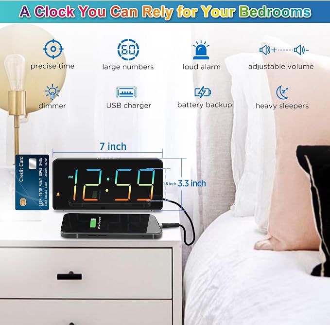 Peakeep Digital Alarm Clock for Bedroom Bedside, Loud for Heavy Sleepers | Large Big Color Changing Colorful LED Numbers for Seniors 6 Brightness, Battery Backup Plug in Electric Clock, USB Charger