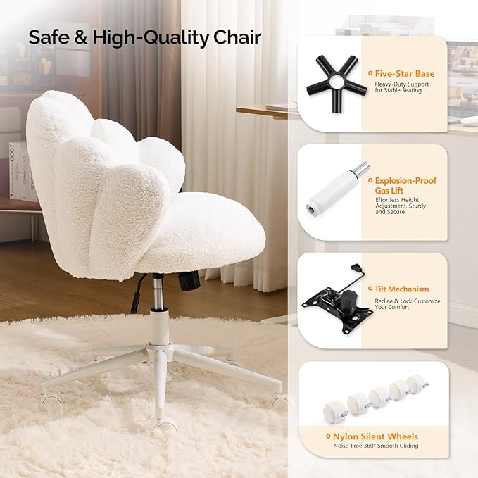 VINGLI Lovely Petal Vanity Desk Chair with Star Pillow, Height Adjustable Armless Swivel Chair in Vibrant Color-Blocking, Modern Computer Task Chair for Bedroom & Home Office, Teddy Fleece,White
