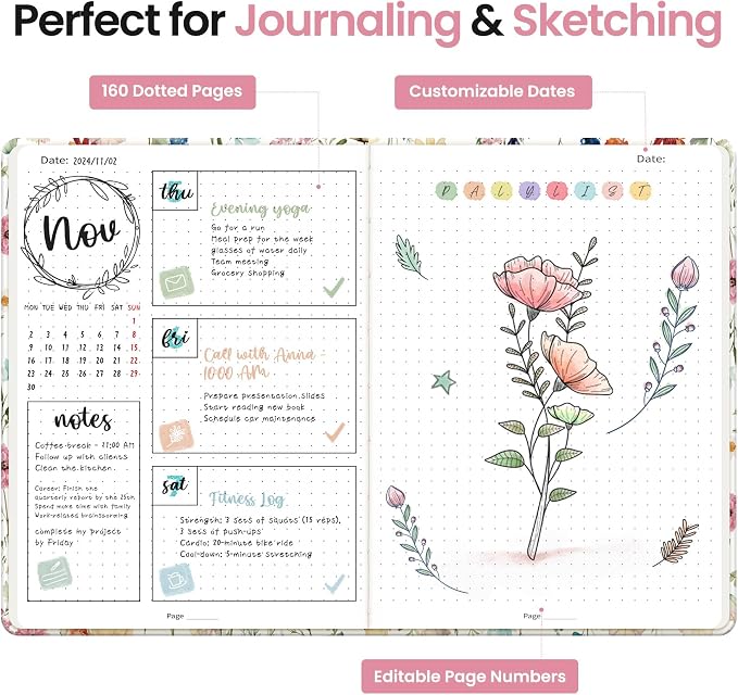 Taja Dotted Journal Notebook for Women & Men, Hardcover Leather Journal for Writing, A5 Dotted Journaling Notebook for Work & Sketching, Perfect for Office School Home Supplies, 160 Pages, Garden