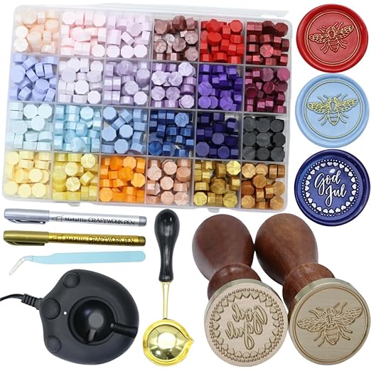 Wax Seal Stemp Kit with 24 Colors Wax Seal Beads 624pcs, Electric WaxSeal Warmer, Been Thank You WaxSeal Stamp, SealingWax Spoon, WaxSealPen, Tweezer,WaxSealStamp kit (24A)