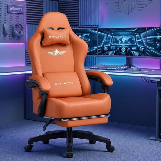 GTPLAYER Big and Tall Gaming Chair 400lbs Heavy Duty Office Chair with Footrest, High Back Pocket Spring Ergonomic Computer Chair for Adults, Wide Seated Cushion with Linkage Armrests,Leather Orange