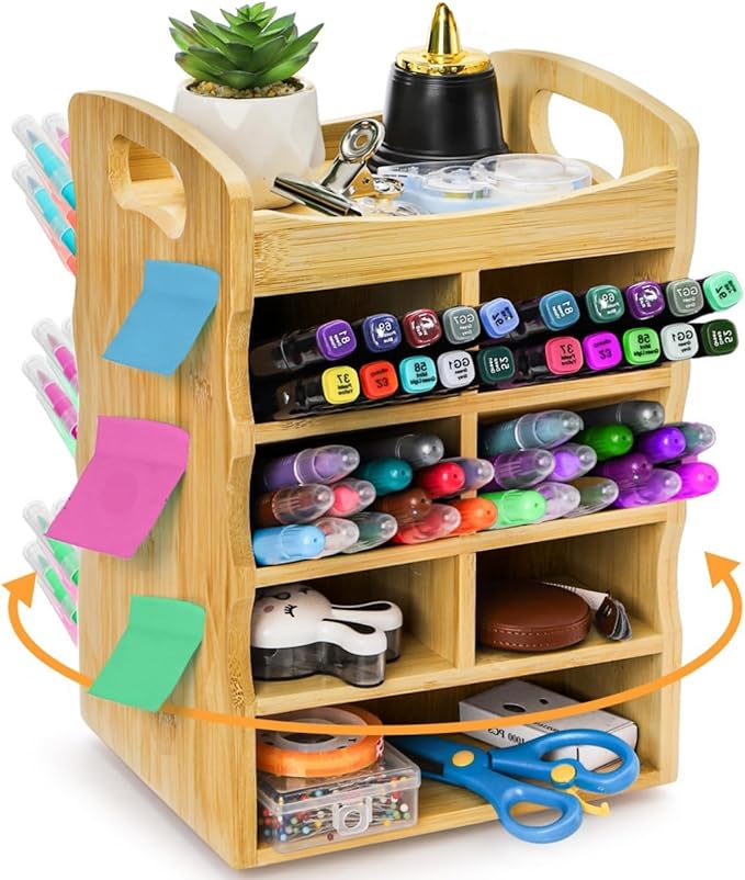 Bamboo Art Supply Organizer, 360° Rotating Pen Holder with Handle, Holds 400+ Pencils, 15 Compartments Desktop Storage Stationary Caddy for Colored Pencil, Pens, Art Brushes, Crayon