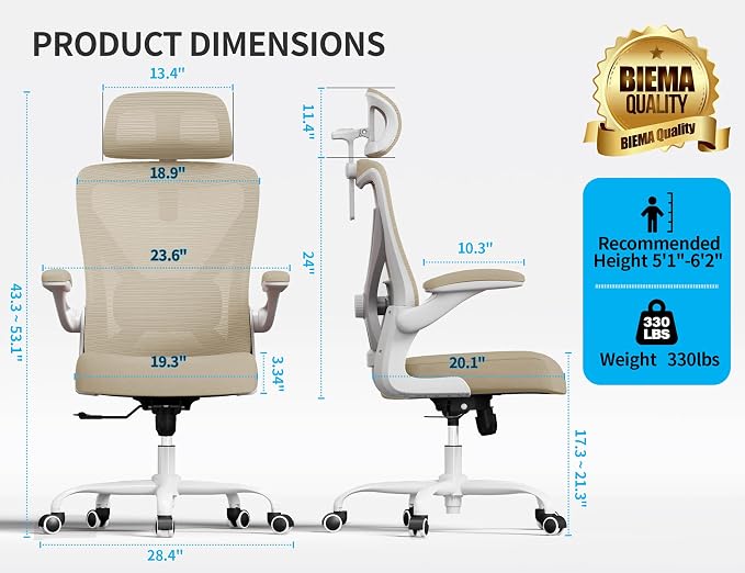 Ergonomic Office Chair: Mesh Desk Chair Comfy with Headrest& Lumbar Support | Ergalithic Big and Tall Office Chairs with Wheels & Flip-Up Arms-Computer Gaming Chairs for Adults Home Office Chairs(Beige)
