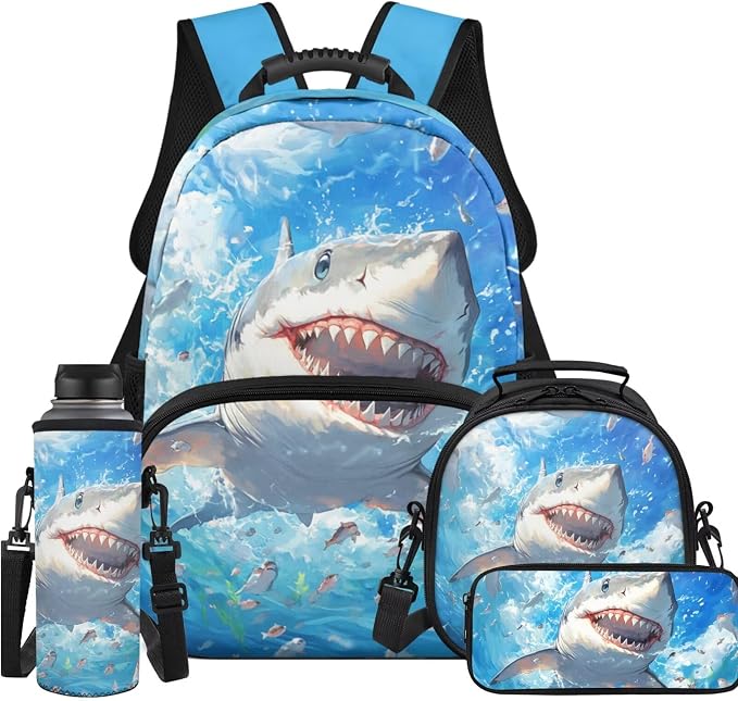Ystardream 4 Pcs Boys Backpack with Lunch Box Elementary School Cartoon Shark Backpack with Comfortable Adjustable Straps School Bag with Pencil Box & Water Bottle Sleeve for Boys&Girls Student