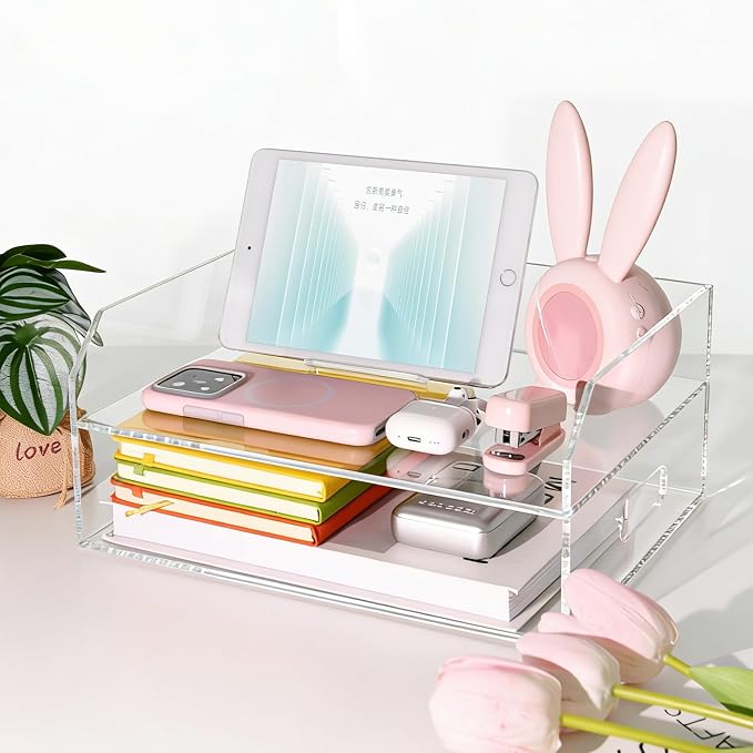 Paper Tray Organizer for Desk, 2 Tier Acrylic Desk Organizers and Accessories, One-Piece Integrated A4 Paper Organizer with Handles, Crystal-Clear Letter Tray & Compact Office File Holder