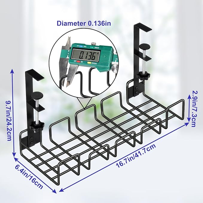 OneLeaf Under Desk Cable Management Tray - No Drill Wire Management Rack | Metal Cable Organizer Tray with Clamp, Under Desk Cord Management Storage Basket, Desk Accessories with Cable Organization