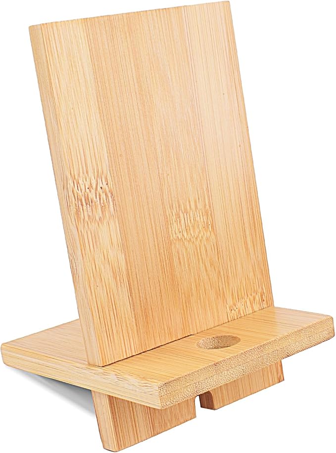 Mobile Stand Japanese Style Cellphone Holder Desktop Organizer Charging Station Compatible with All Smartphones Tablets Natural Bamboo Wood Portable Adjustable Angle (PLAIN-2HOLES)