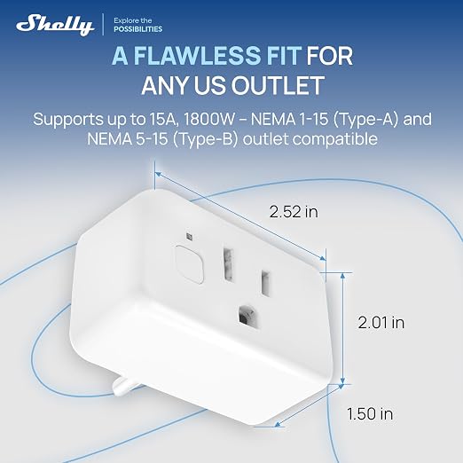 Shelly Smart Plug UL, WiFi, Bluetooth, Zigbee, Matter Outlet with Power Metering, Works with HomeKit, Google Home, Alexa, Home Assistant, Smart Socket, Easy Setup (2, White)
