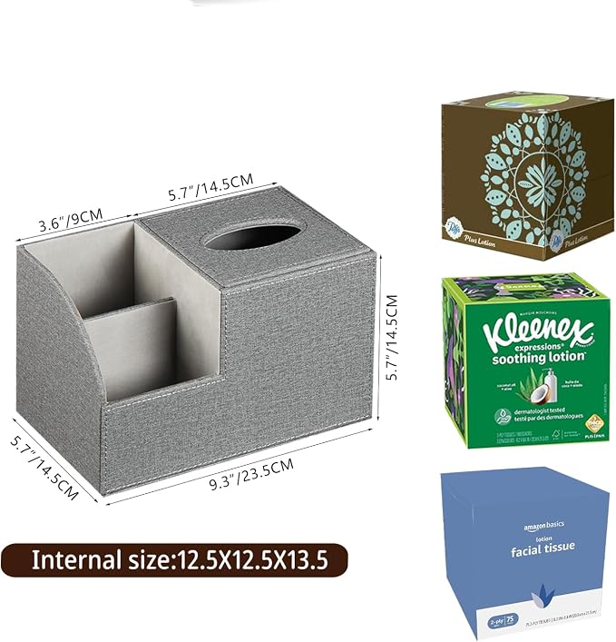 PU Leather Square Tissue Box Cover,Multi-Functional Tissue Cube Box Holder | Facial Tissue Box Cover with Storage,Tissue and Remote Control Holder,Cube Tissue Box Organizer Bedroom,Nightstand,End Table