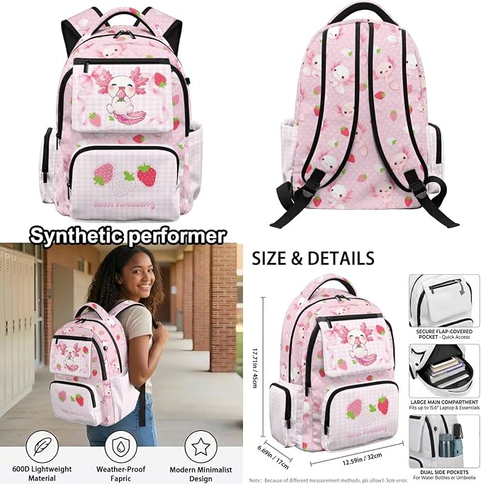 WELLFLYHOM Axolotl Strawberry 8-12 Girls School Bookbag Set Kids Backpack and Lunchbox Pencil Case Water Bottle Lightweight Daypack Gift for Back to School Season