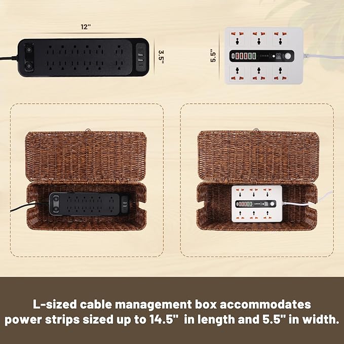 BROWNLILY Cable Management Box, Rattan Style Cord Organizer for Desk Cord Hider Outlet Covers for Power Strip TV PC Router Charger Under Desk Storage with Lockable Lid and Cable Ties