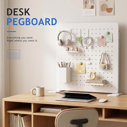 White Metal Desk Pegboard Organizer, 15.75 in with Hooks and Shelves | White metal desktop pegboard with support feet, hooks, shelves, storage cup and magnets for office, bedroom and craft storage