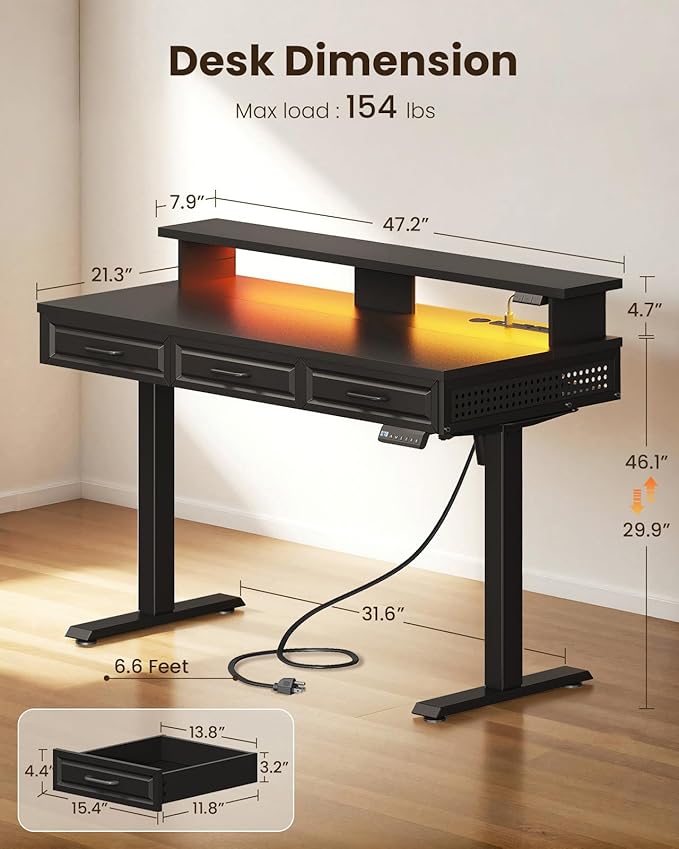 OffiGo 48 Inch Electric Standing Desk, Black, 3 Wood Drawers, Monitor Stand | 3 Outlets & 2 USB Ports, 20 LED Modes, 3 Memory Heights, 29.9"-46.1" in Range, Cable Management Tray, 154 lb Capacity