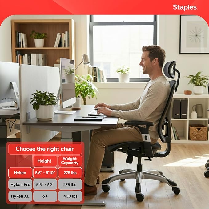 STAPLES Hyken Ergonomic Task Chair, Mesh, Ergonomic, Lumbar Support, Swivel, Gray