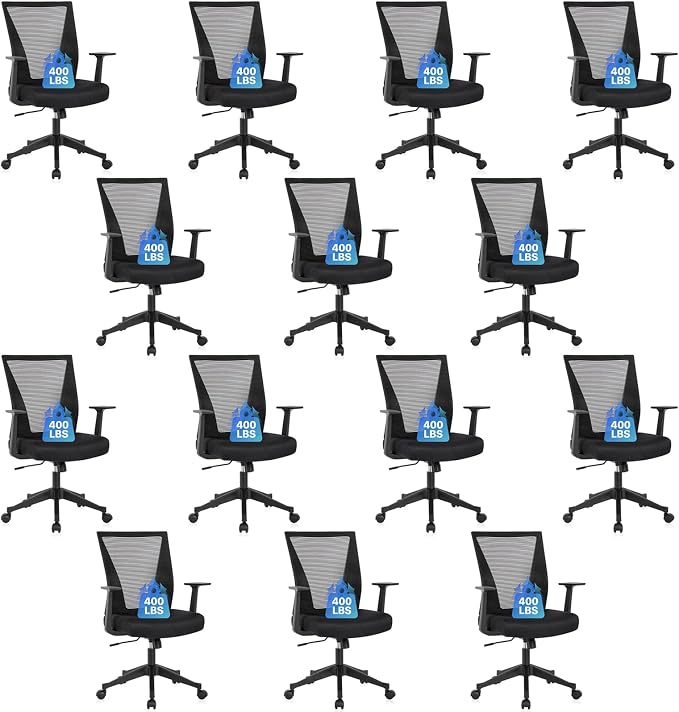 CLATINA Big and Tall Office Chair, Heavy Duty Ergonomic Mesh Computer Desk Chair with Armrests, Adjustable Height Rolling Swivel Mid Back Executive Task Chairs for Home Office Conference, Black, 14PK