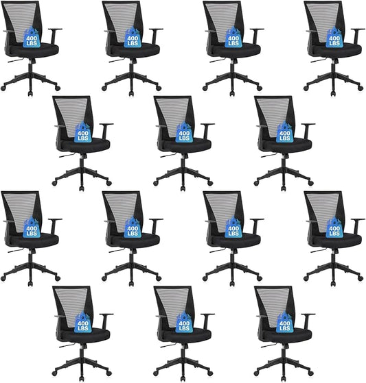 CLATINA Big and Tall Office Chair, Heavy Duty Ergonomic Mesh Computer Desk Chair with Armrests, Adjustable Height Rolling Swivel Mid Back Executive Task Chairs for Home Office Conference, Black, 14PK