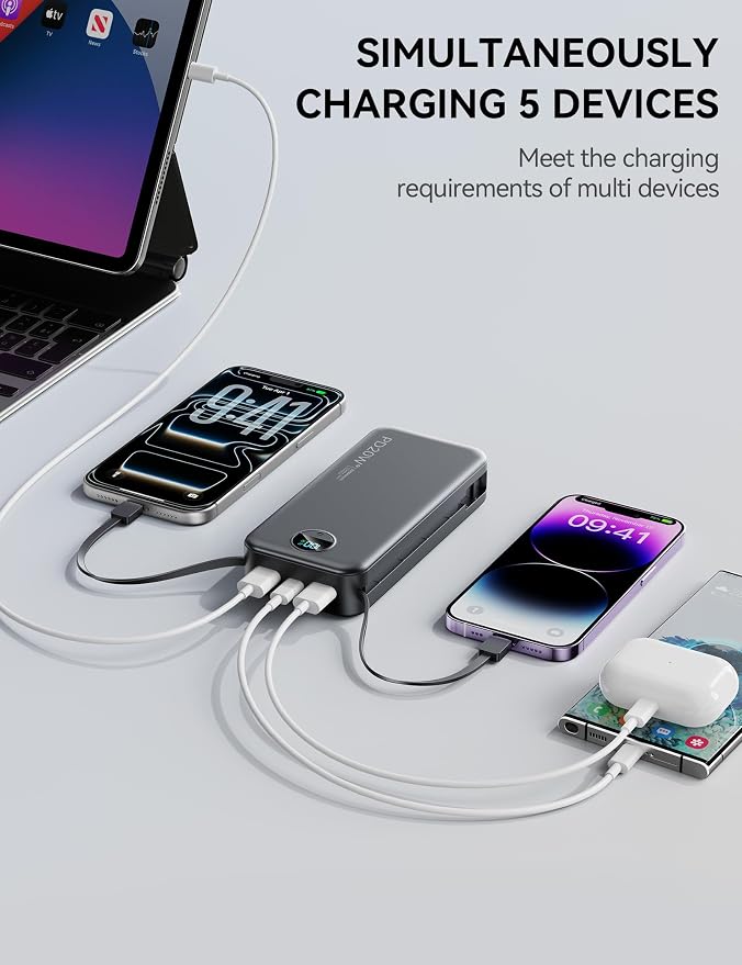 Nusyddy Portable Charger 20000mAh PD20W w/Built-in Cables & Wall Plug Black | PD20W Fast Charging, High Capacity, LED Display, Charge 5 Devices at once, TSA Approved, Compatible with iPhone/iPad/Samsung