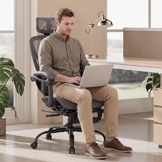 MALOL Ergonomic Mesh Office Chair with Footrest, Executive High Back Computer Desk Chair with 3D Adjustable Headrest & 5-Level Lumbar Support, Track Armrest, Tilt Lock, 300LBS, Grey