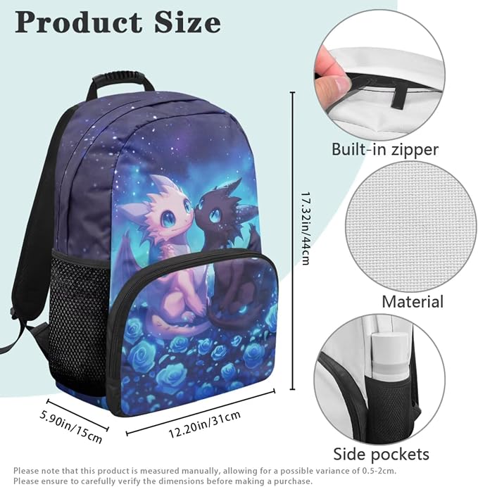 Dragon Backpack for Boys Girls Ages 6-10, 4PCS Blue Rose School Backpack Set with Lunch Box, Lightweight 17 Inch Elementary Bookbag for Kids Back to School