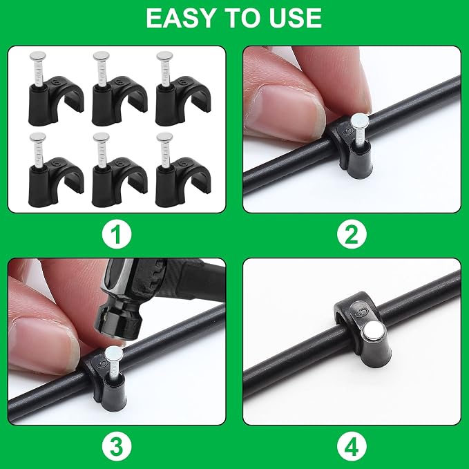 1/4" / 6mm Half Clamp J-Hook Cable Clips with Nail, Black, 100pcs | Nail in Cable Clips, Ethernet Cable Nails Tacks Clips