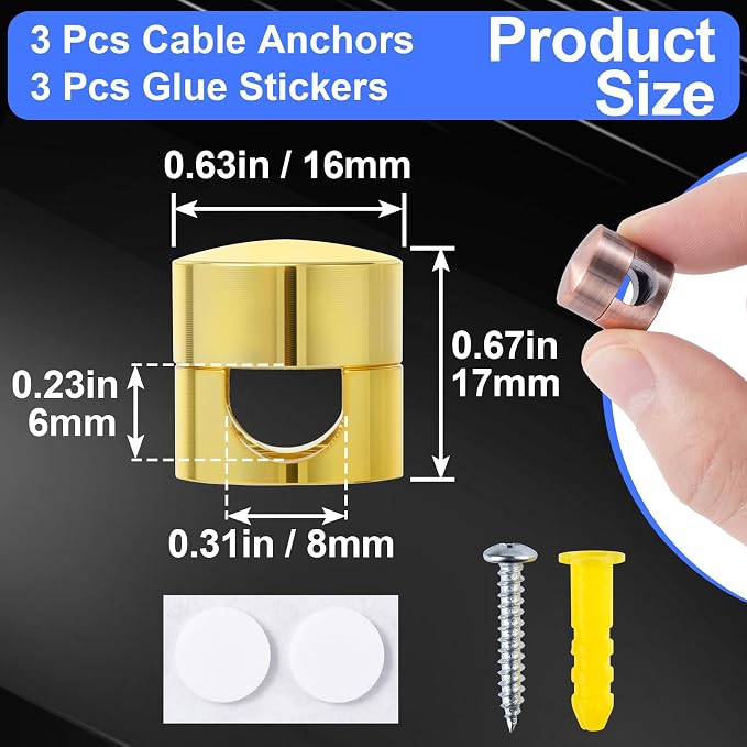 SmallCat 3 Sets Charger Holders for Cords, Adjustable Cable Anchor Holders, Adhesive Metal Cord Clips, Cable Management Wire Organizers for Desk, Office, Nightstand - Gold, Red Bronze, Silver