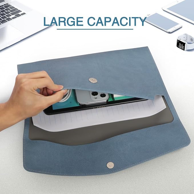 FYY File Folder, PU Leather A4 Document Holder File Organizer Filing Envelope Portfolio Case Tablet Sleeve with Magnetic Snap Closure for Home School Office Stationery Blue
