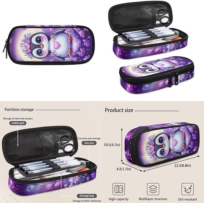 Doojoayie Purple Backpack for Girls Cute Princess Owl School Bags Kids Backpack and Lunch Box Set of 4 Large Capacity Bookbag for Teen Girls Back Back for Kindergarten Student