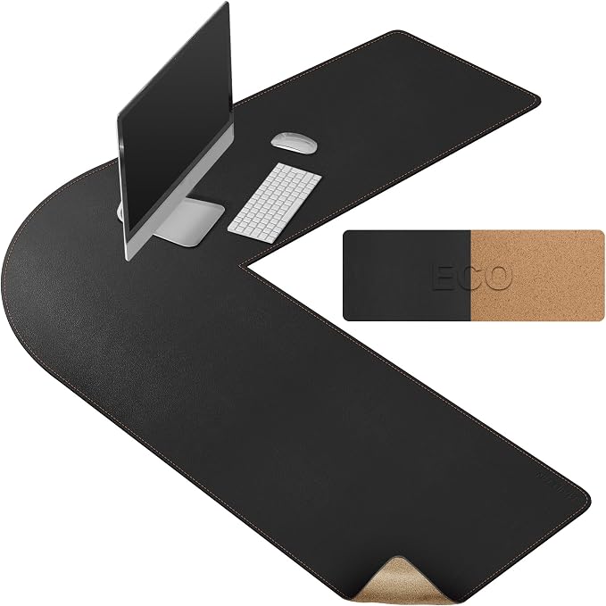 MAIDERN (47” + 47”) x 15.7” L Shaped Corner Desk Mat, Cork & Leather Reversible Desk Pad for Gaming Computer Office Home (Black)