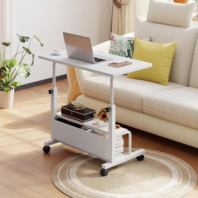 Simple Deluxe 31.5" Manual Standing Desk, Height Adjustable Mobile Computer Desk with Lockable Wheels & 2-Tier Storage, Rolling Laptop Table for Small Spaces & Home Office, White