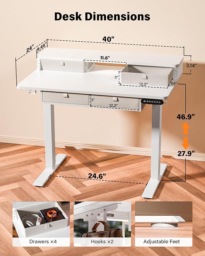 FiCiHi Electric Standing Desk with Four Drawers, 40 x 24 Inch Adjustable Height Sit Stand Desk, C-Clamp Compatible Home Office Desk with Storage Shelf & Monitor Stand Riser, White