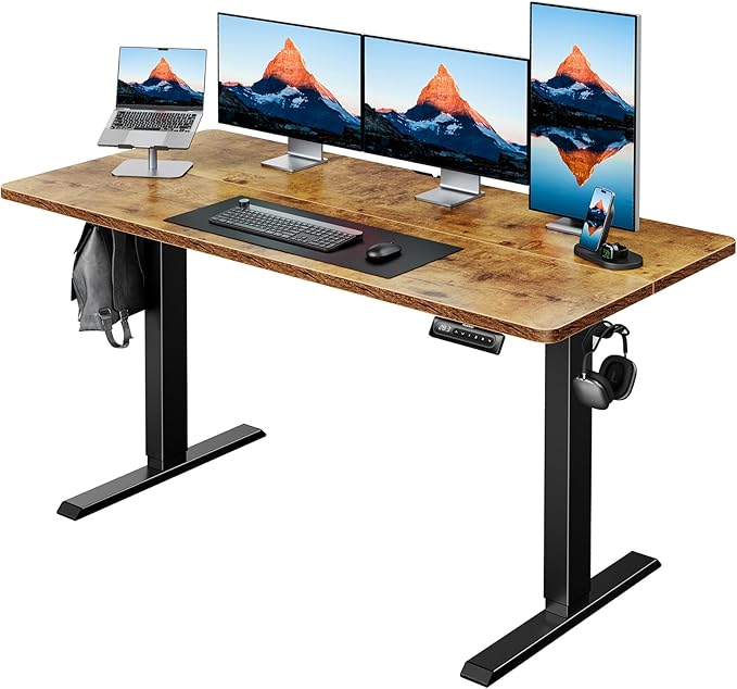 HUANUO 55 x 28 Inch Electric Standing Desk, Height Adjustable Computer Gaming Desk with 4 Memory Presets, Home Office Sit Stand Desk with Hooks & Cable Management, Vintage Brown