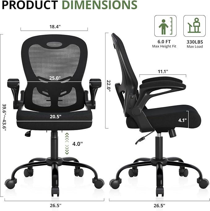 Office Chair 330 lbs Capacity, Ergonomic Breathable Mesh Desk Chair with Lumbar Support & Flip-Up Armrest, High Back Computer Chair for Home Office, Black