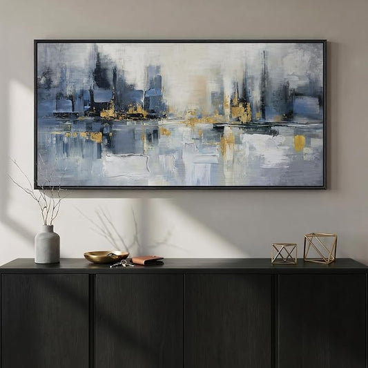 Framed Blue Abstract Wall Art for Living Room, Extra Large Modern Cityscape Canvas Artwork for Walls, Horizontal Contemporary Painting Print for Living Room Bedroom Office Wall Decor, 30x60 Inch