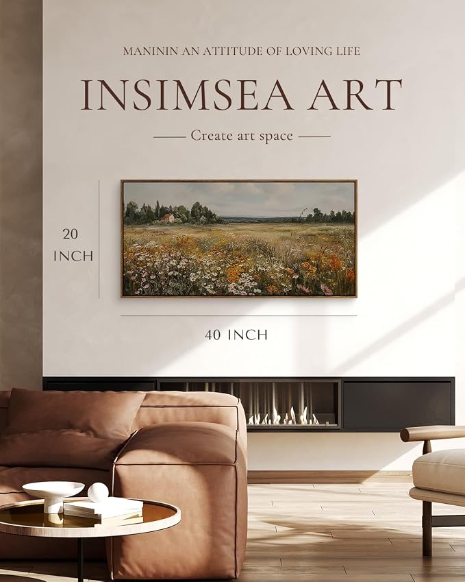 InSimSea Extra Large Framed Vintage Wall Art, Living Room Country Farmhouse Decor, Wildflower Meadow Landscape Canvas Prints, Retro Cottage Long Pictures for Bedroom Above of Bed, 20x40inch