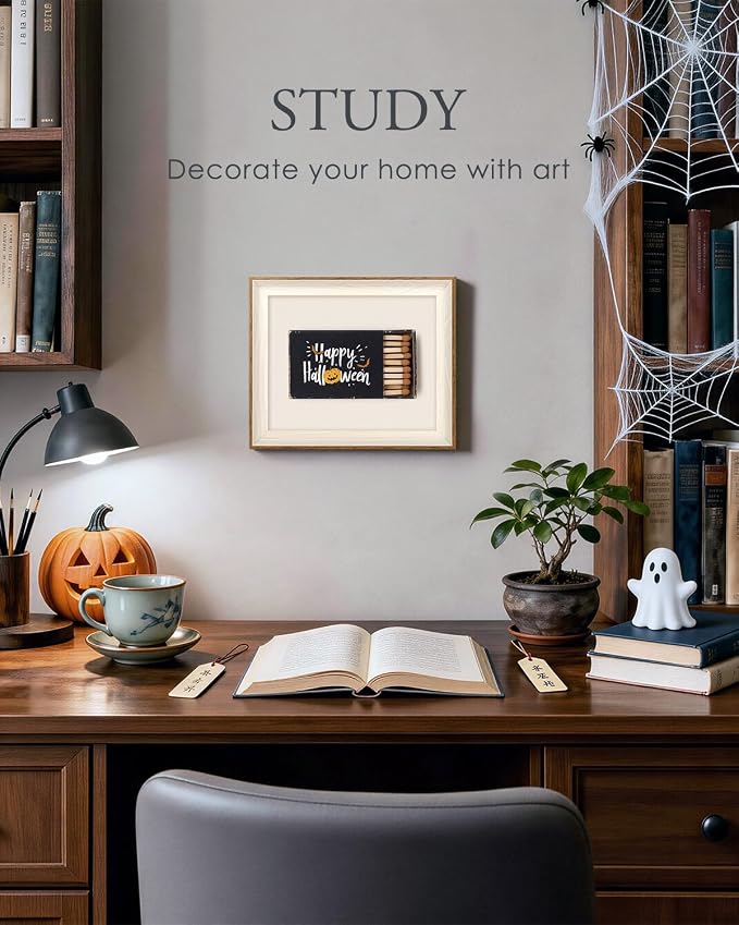 VIYYIEA Framed Wall Art for Living Room, Happy Halloween Matchbox Pumpkin Bats Canvas Painting, Spooky Gothic Aesthetic Creepy Seasonal Home Decor for Bedroom Bathroom, 10×12inch