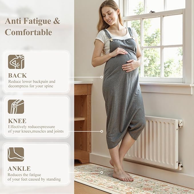 KIMODE Anti Fatigue Mats for Kitchen Floor Non Slip,Farmhouse Boho Floral Standing Kitchen Rugs Sets of 2,Comfort Cushioned Padded Ergonomic Carpet for Laundry Sink Office,Beige